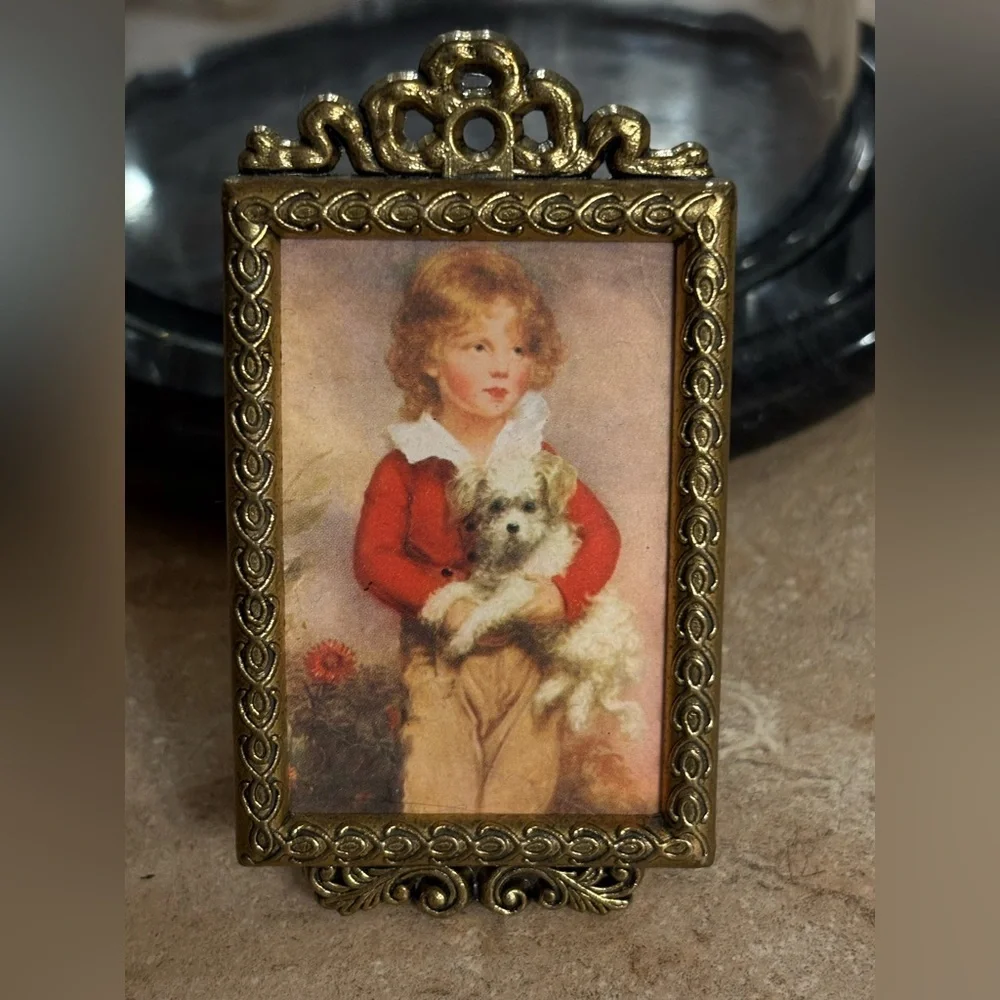 Vintage Italian Brass Tone Mini Picture Frame with Victorian Child Print